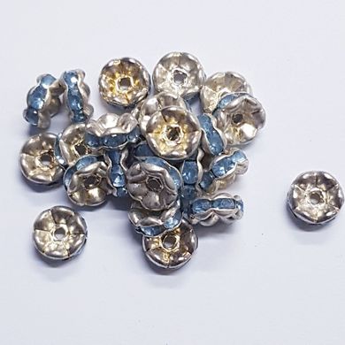 Бусина металлическая, рондель, 7*3 мм, поштучно, серебро с сине-голубой стразами