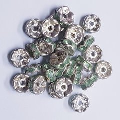 Бусина металлическая, рондель, 7*3 мм, поштучно, серебро с мятными стразами