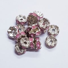 Бусина металлическая, рондель, 8*4 мм, поштучно, серебро с розовыми стразами