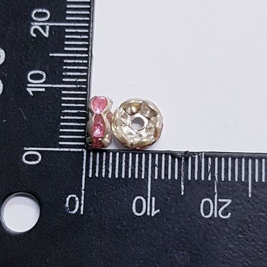 Бусина металлическая, рондель, 8*4 мм, поштучно, серебро с розовыми стразами