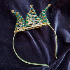 Обруч-коронка с хрусталем и бисером, желто-зеленый