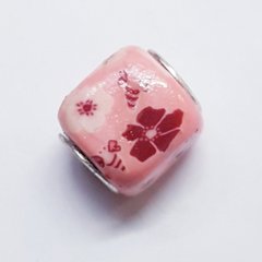 Бусины Пандора, 12-15*12-14 мм, из бижутерного сплава, из глины, розовый с цветами
