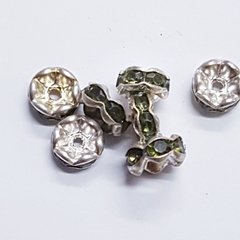Бусина металлическая, рондель, 8*4 мм, поштучно, серебро с хаки стразами