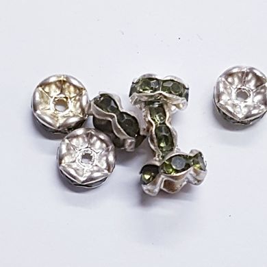 Бусина металлическая, рондель, 8*4 мм, поштучно, серебро с хаки стразами