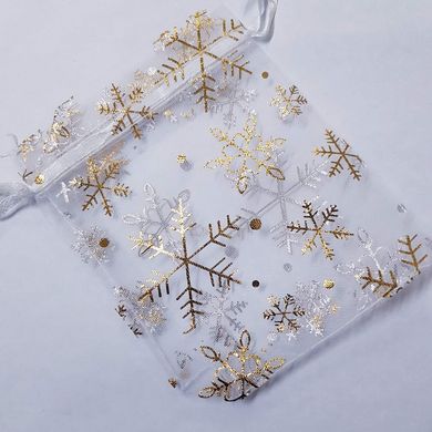 Подарочный мешочек для украшений, из органзы, 11,5*9*0,1 см, с атласными лентами, с снежинками, белый