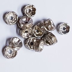 Бусина металлическая, рондель, 8*4 мм, поштучно, серебро с белыми стразами