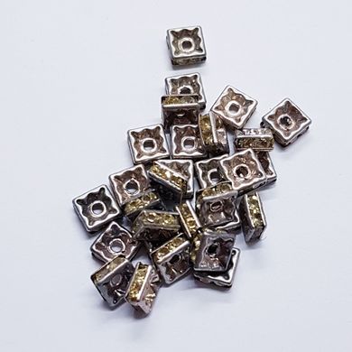 Бусина металлическая, рондель, 6*3 мм, поштучно, серебро с светло-желтыми стразами