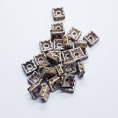 Бусина металлическая, рондель, 6*3 мм, поштучно, серебро с светло-желтыми стразами