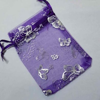 Подарочный мешочек для украшений, из органзы, 11,5*8,5*0,1 см, с атласными лентами, с бабочками, фиолетовый