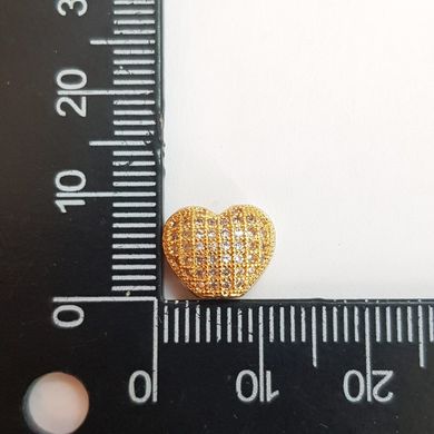 Бусина из медицинской стали, 9*12 мм, объемное сердце, с кубическим цирконием , стразы прозрачные, желтое золото.