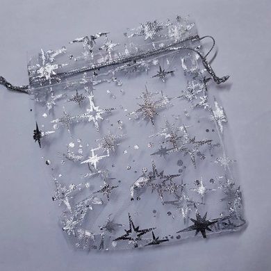 Подарочный мешочек для украшений, из органзы, 11,5*8,5*0,1 см, с серебряным люрексом, с звездами, белый